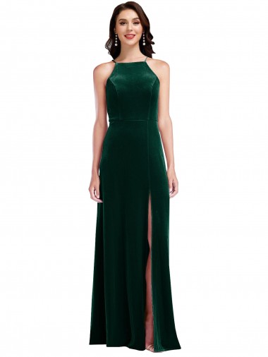 Wholesale Long Stretch Velvet Sleeveless Dark Green Maxi Evening Dress Canada