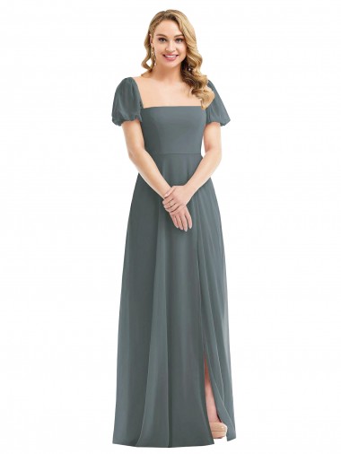 Wholesale Long Soft Chiffon Puff Sleeves Slate Grey Maxi Evening Dress Canada