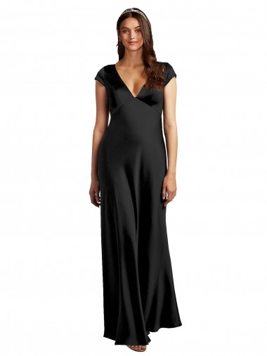 Wholesale Long Stretch Satin Cap Sleeves Keyhole Back Black Evening Dress Canada