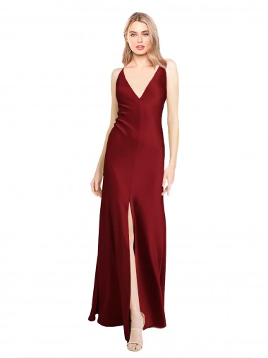 Wholesale Long Stretch Satin Sleeveless V-Back Burgundy Evening Dresses Canada