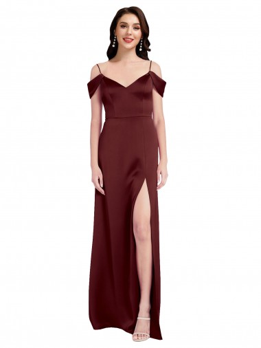 Wholesale Long Stretch Satin Sleeveless Burgundy Gold Evening Dress Canada