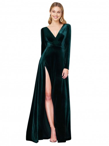 Wholesale Sweep Train Stretch Velvet Long Sleeves Dark Green Evening Dress Canada