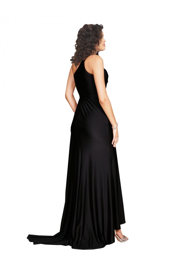 Long Silky Satin Sleeveless Black One Shoulder Sexy Evening Dress