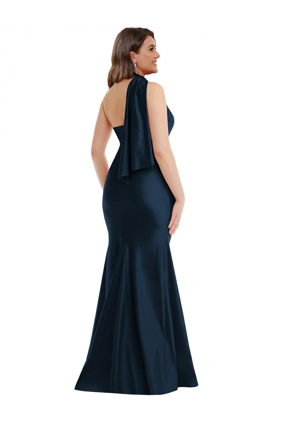 Long Silky Satin Sleeveless Dark Navy Plus Size Evening Dress