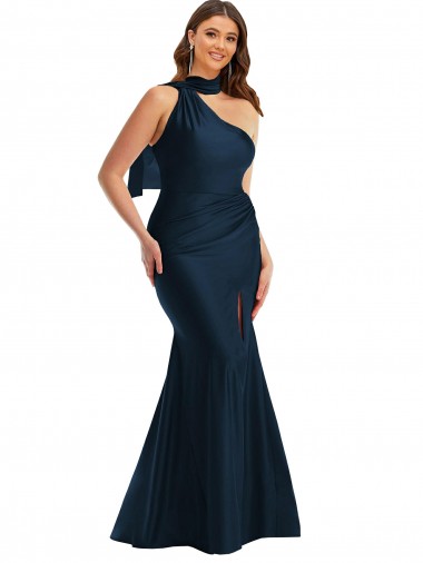 Wholesale Long Silky Satin Sleeveless Dark Navy Plus Size Evening Dress Canada