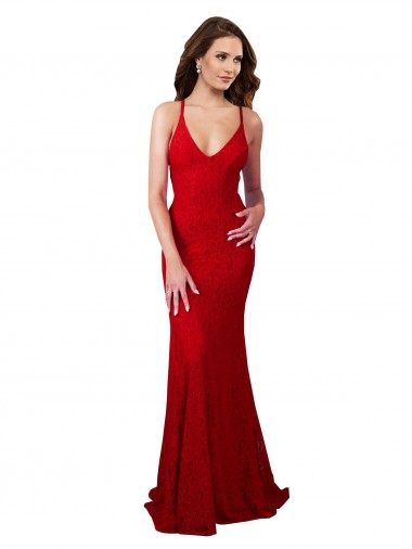 Wholesale Long Lace Sleeveless Open Back Red Evening Dress Canada