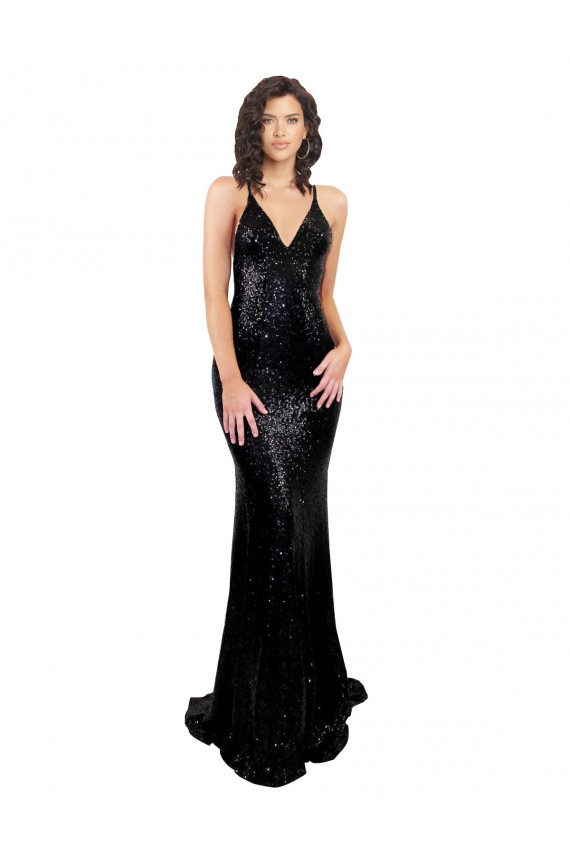 Long Sequin Sleeveless Open Back Black Sexy Evening Dress