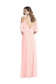 Long Soft Chiffon Cold Shoulder V-Back Pink Maxi Evening Dress