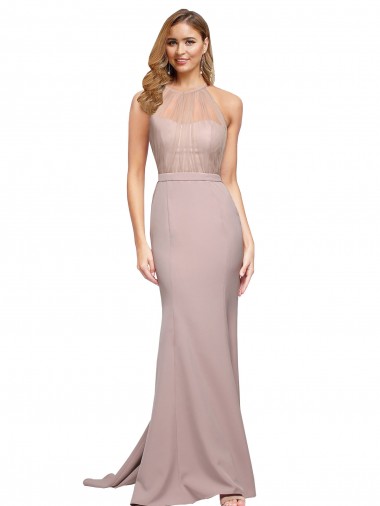 Wholesale Sweep Train Stretch Crepe Sleeveless Dusty Pink Evening Gown Canada