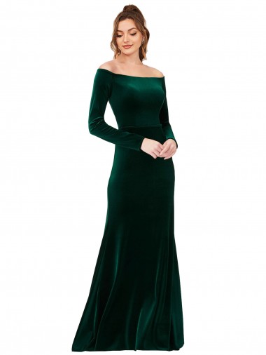 Wholesale Long Stretch Velvet Long Sleeves Dark Green Evening Dress Canada