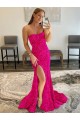 Sweep Train Velvet Sequin Sleeveless Fuchsia High Slit Evening Dress