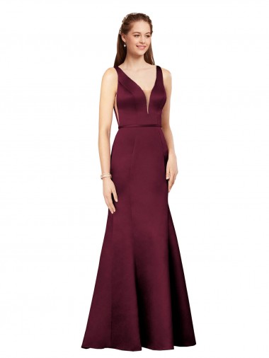 Wholesale Long Satin Sleeveless V-Back Burgundy Evening Dress Canada