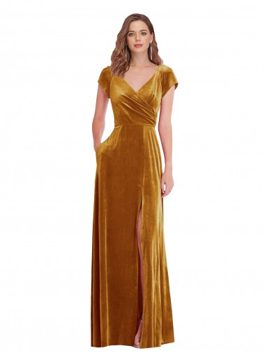Wholesale Long Stretch Velvet Cap Sleeves Gold Maxi Evening Dress Canada