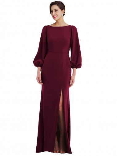 Wholesale Long Crepe Long Sleeves Open Back Burgundy Gold Evening Dress Canada