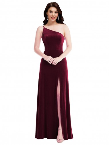 Wholesale Long Stretch Velvet Sleeveless Burgundy One Shoulder Maxi Evening Dress Canada